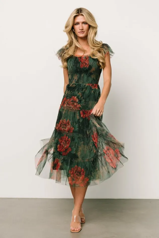 Women Clementine Tulle Midi Dress Dark Green Floral Baltic Born Tulle Styles Women Clementine Tulle Midi Dress Dark Green Floral Baltic Born Tulle Styles