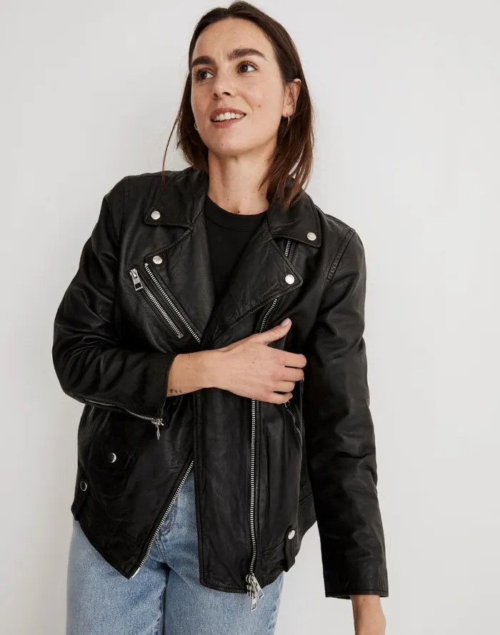 Women Coats Jackets Madewell Washed Leather Oversized Motorcycle Jacket True Black