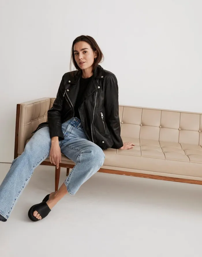 Women Coats Jackets Madewell Washed Leather Oversized Motorcycle Jacket True Black