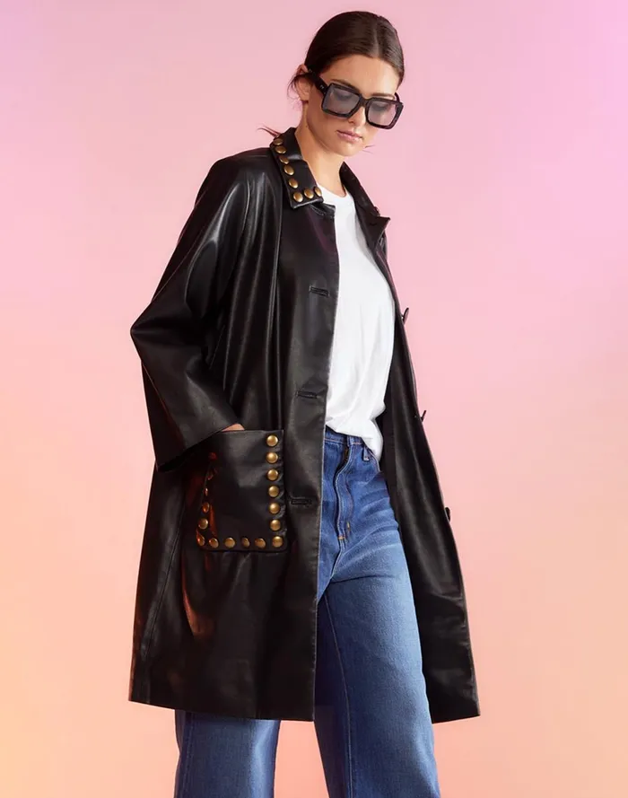 Women Cynthia Rowley Outerwear Vegan Studded Leather Coat Black