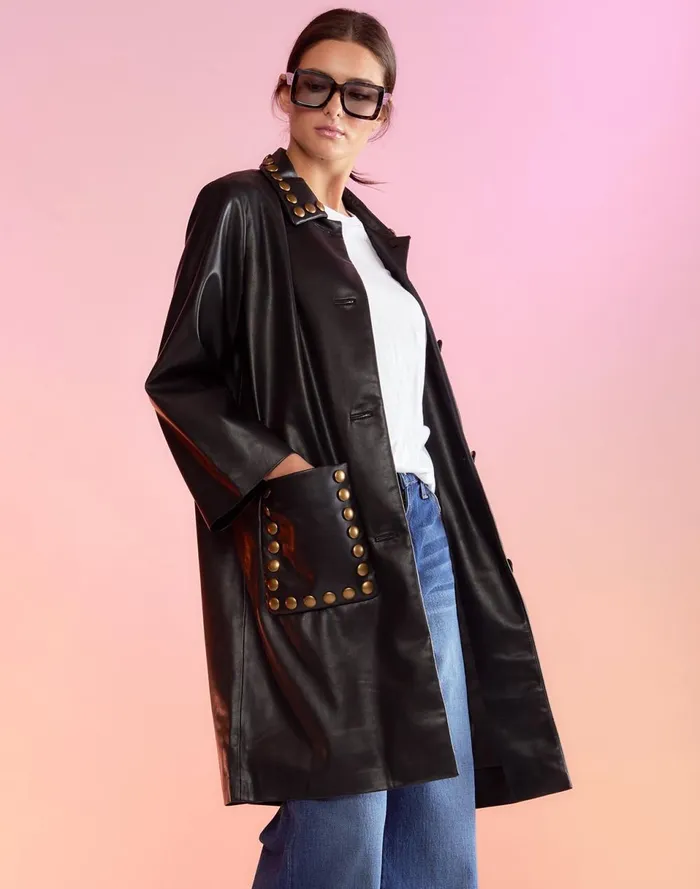 Women Cynthia Rowley Outerwear Vegan Studded Leather Coat Black