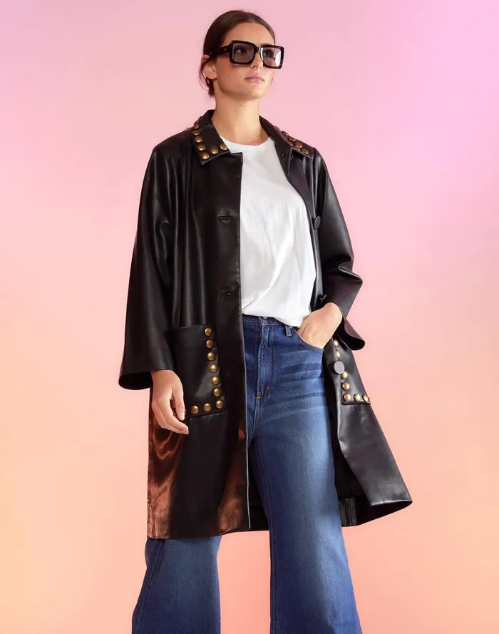 Women Cynthia Rowley Outerwear Vegan Studded Leather Coat Black