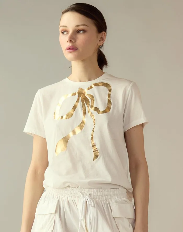 Women Cynthia Rowley Tops Metallic Bow Tee White