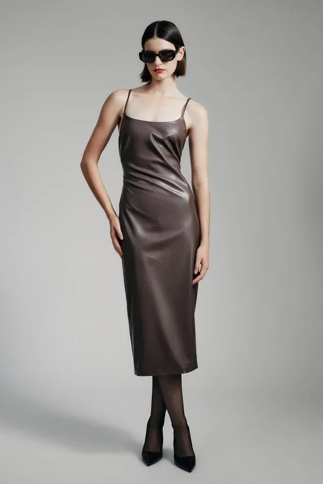 Women Day To Night Dresses Bardot Helena Vegan Leather Dress In Chocolate Chocolate