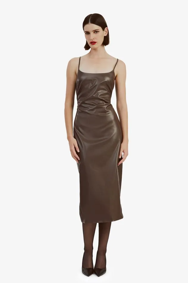 Women Day To Night Dresses Bardot Helena Vegan Leather Dress In Chocolate Chocolate