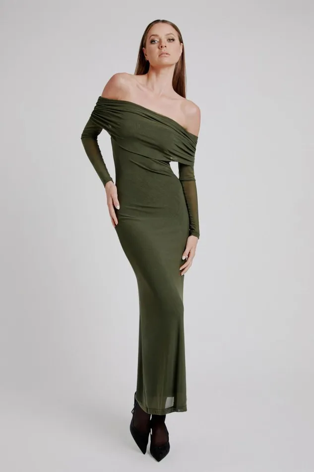 Women Day To Night Dresses Bardot Saphia Mesh Maxi Dress In Khaki Khaki