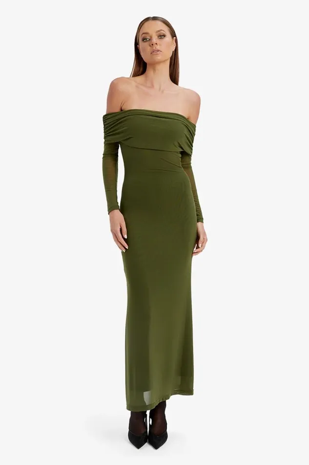 Women Day To Night Dresses Bardot Saphia Mesh Maxi Dress In Khaki Khaki Women Day To Night Dresses Bardot Saphia Mesh Maxi Dress In Khaki Khaki