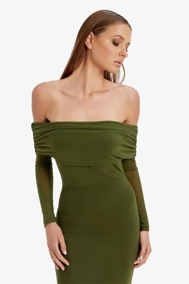 Women Day To Night Dresses Bardot Saphia Mesh Maxi Dress In Khaki Khaki Women Day To Night Dresses Bardot Saphia Mesh Maxi Dress In Khaki Khaki