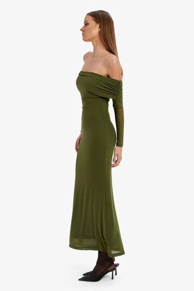 Women Day To Night Dresses Bardot Saphia Mesh Maxi Dress In Khaki Khaki Women Day To Night Dresses Bardot Saphia Mesh Maxi Dress In Khaki Khaki