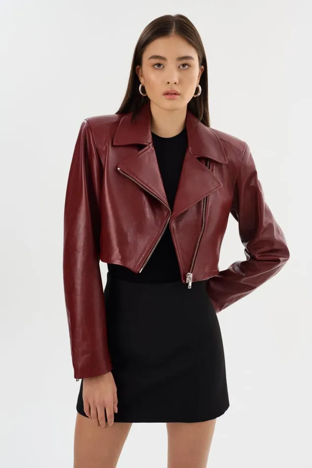 Women DAYLIN Cropped Leather Jacket Burgundy LAMARQUE Leather Jackets