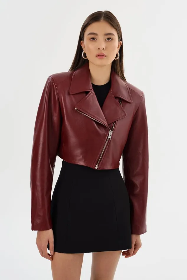 Women DAYLIN Cropped Leather Jacket Burgundy LAMARQUE Leather Jackets