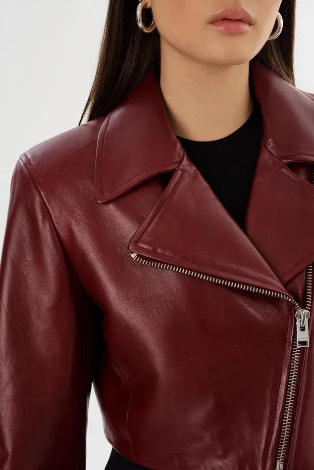 Women DAYLIN Cropped Leather Jacket Burgundy LAMARQUE Leather Jackets