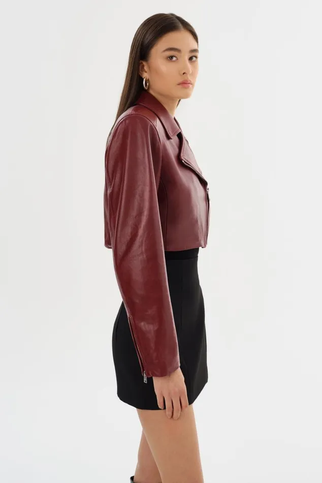 Women DAYLIN Cropped Leather Jacket Burgundy LAMARQUE Leather Jackets