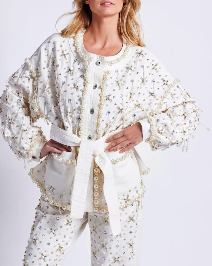 Women Denim PatBO Beaded Denim Jacket White