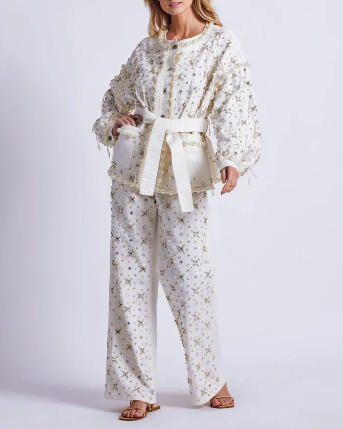 Women Denim PatBO Beaded Denim Jacket White