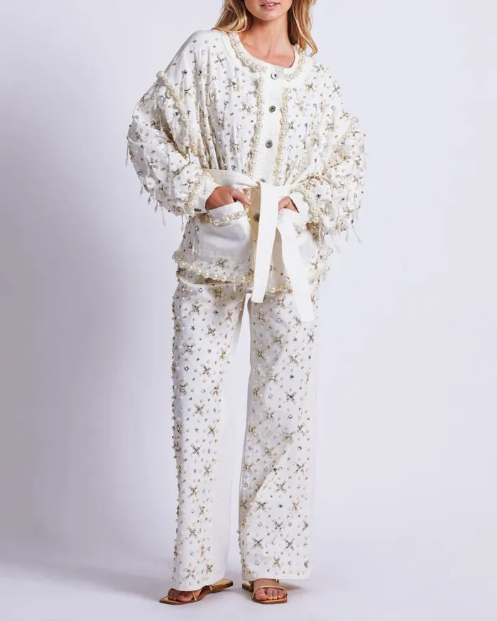 Women Denim PatBO Beaded Denim Jacket White