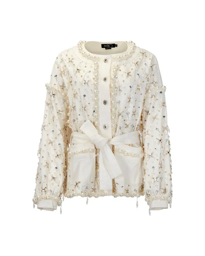 Women Denim PatBO Beaded Denim Jacket White
