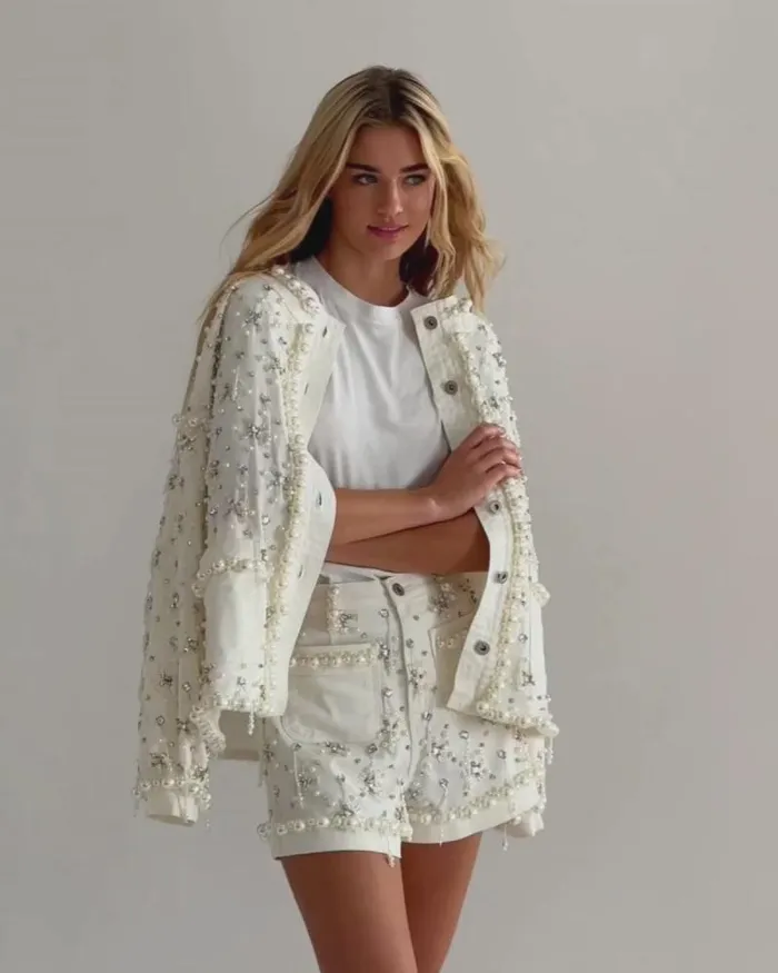 Women Denim PatBO Beaded Denim Jacket White