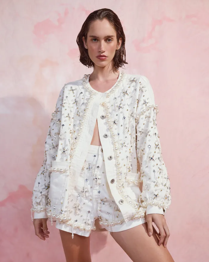 Women Denim PatBO Beaded Denim Jacket White