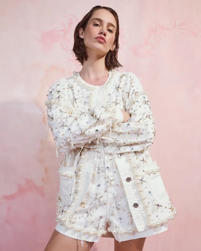 Women Denim PatBO Beaded Denim Jacket White