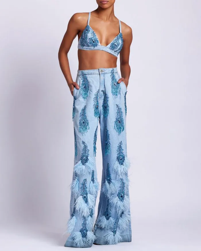Women Denim PatBO HandBeaded Denim And Feather Jeans FINAL SALE Denim