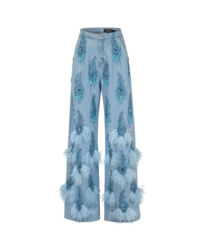 Women Denim PatBO HandBeaded Denim And Feather Jeans FINAL SALE Denim