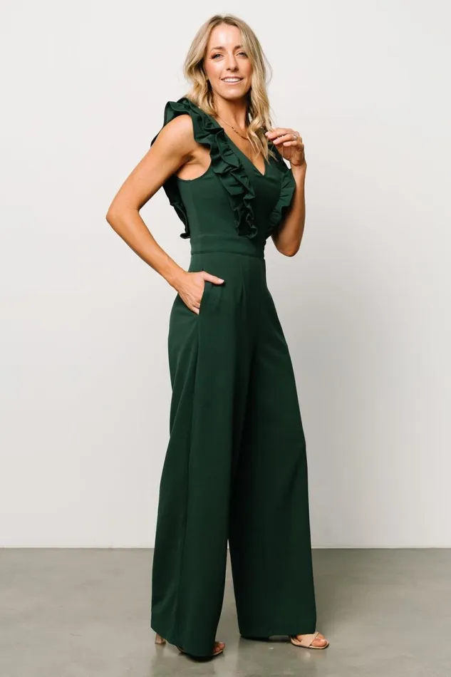 Women Descanso Ruffle Jumpsuit Dark Green Baltic Born Jumpsuits and Rompers Women Descanso Ruffle Jumpsuit Dark Green Baltic Born Jumpsuits and Rompers