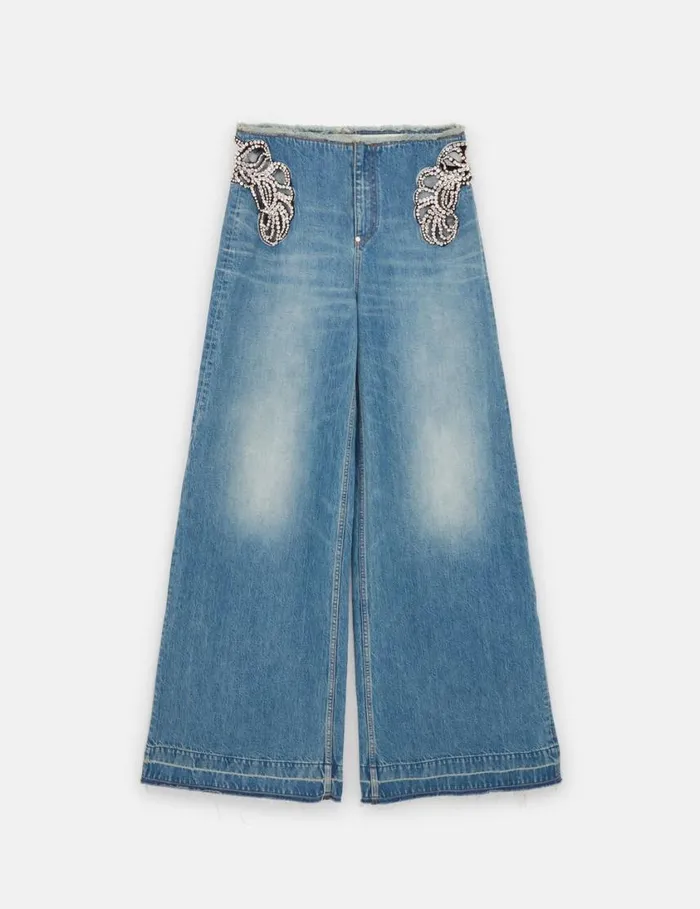 Women Diamant Swirl MidRise Wide Leg Jeans Faded Wash Blue Denim Stella McCartney Pants And Shorts