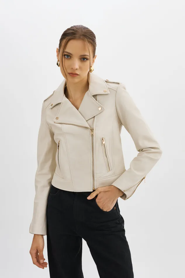 Women DONNA GOLD Iconic Leather Biker Jacket Bone LAMARQUE Leather Jackets