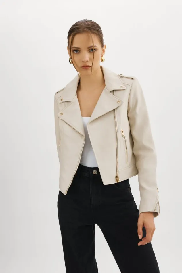 Women DONNA GOLD Iconic Leather Biker Jacket Bone LAMARQUE Leather Jackets