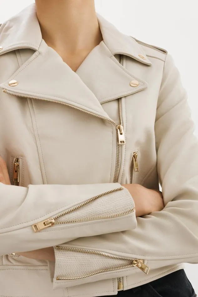 Women DONNA GOLD Iconic Leather Biker Jacket Bone LAMARQUE Leather Jackets