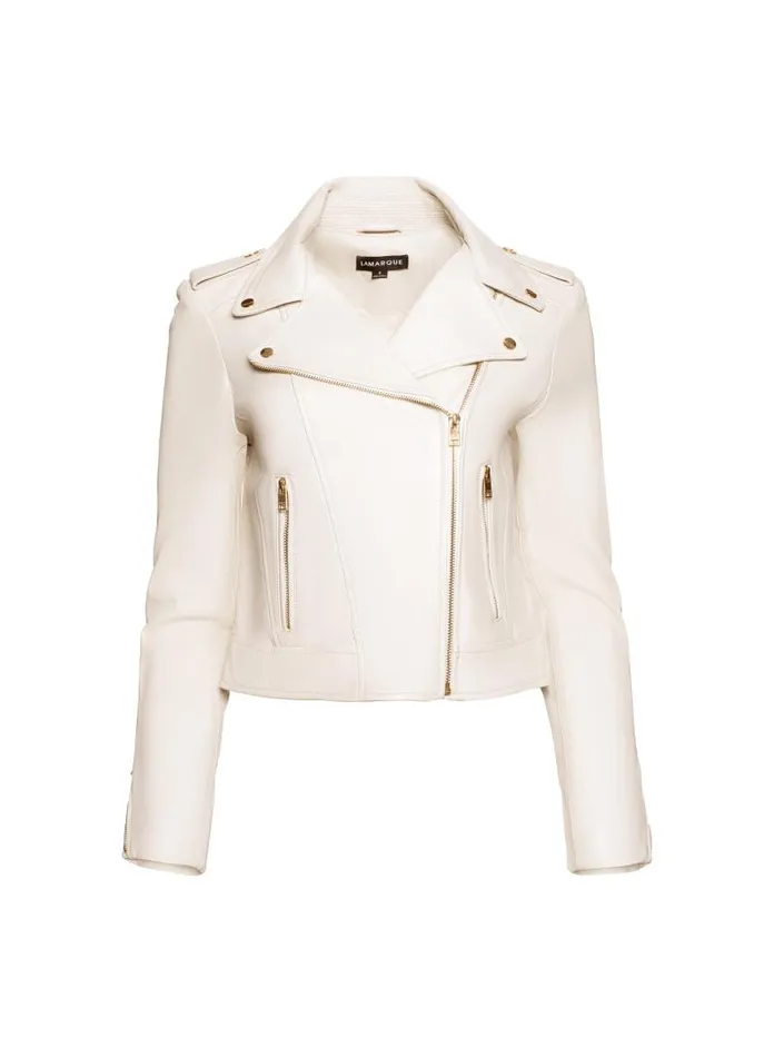 Women DONNA GOLD Iconic Leather Biker Jacket Bone LAMARQUE Leather Jackets