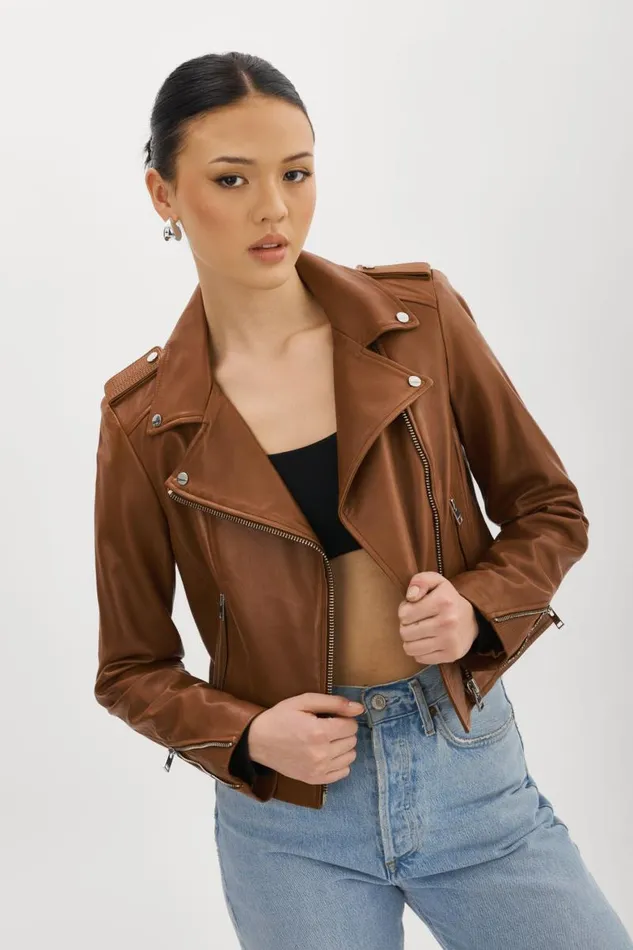 Women DONNA Iconic Leather Biker Jacket Luggage LAMARQUE Leather Jackets