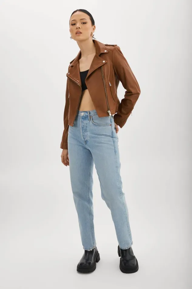 Women DONNA Iconic Leather Biker Jacket Luggage LAMARQUE Leather Jackets