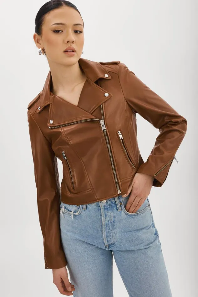 Women DONNA Iconic Leather Biker Jacket Luggage LAMARQUE Leather Jackets