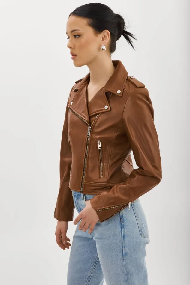 Women DONNA Iconic Leather Biker Jacket Luggage LAMARQUE Leather Jackets
