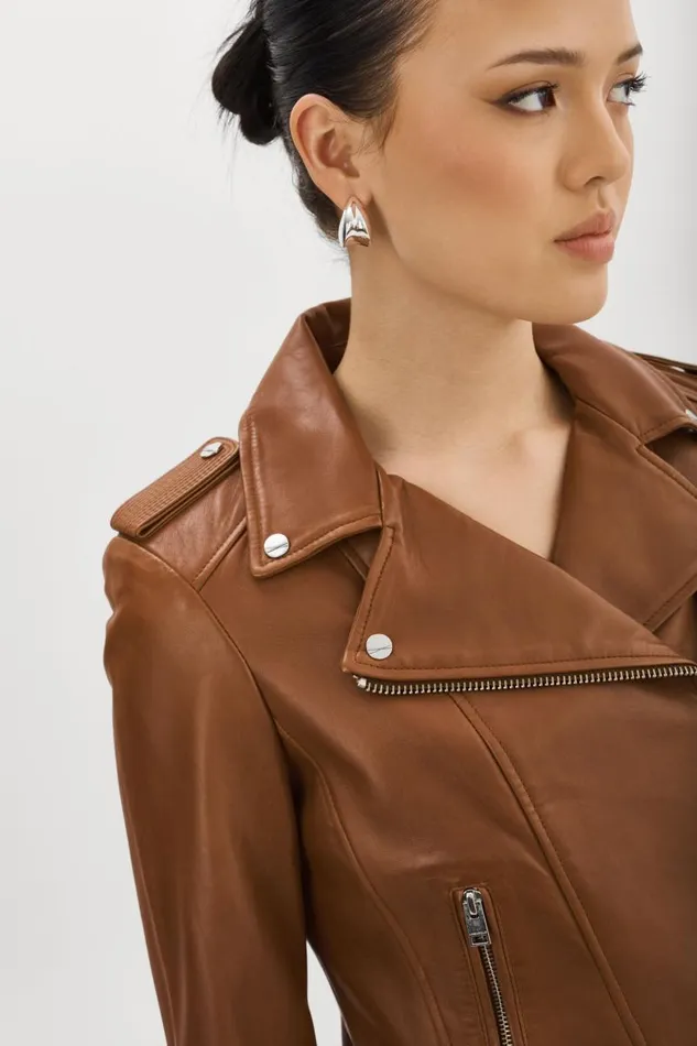 Women DONNA Iconic Leather Biker Jacket Luggage LAMARQUE Leather Jackets