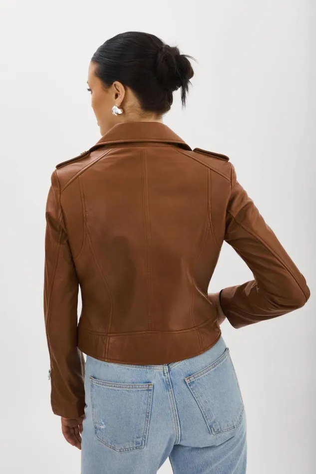 Women DONNA Iconic Leather Biker Jacket Luggage LAMARQUE Leather Jackets