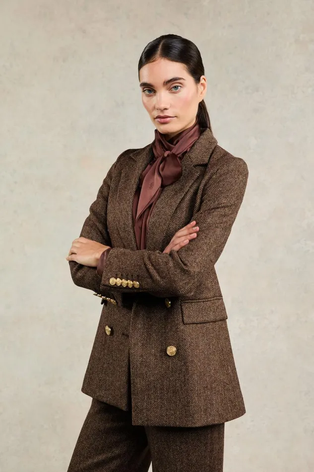 Women Double Breasted Blazer Large Scale Brown Herringbone Holland Cooper Tailoring