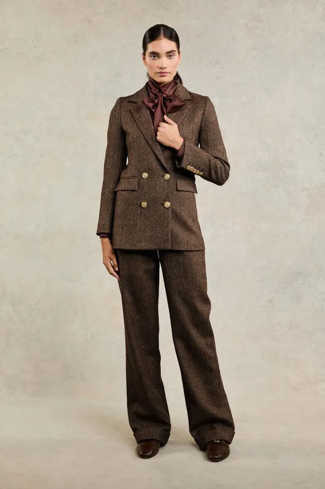 Women Double Breasted Blazer Large Scale Brown Herringbone Holland Cooper Tailoring