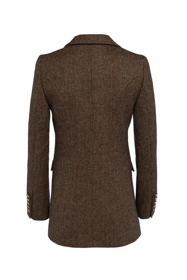 Women Double Breasted Blazer Large Scale Brown Herringbone Holland Cooper Tailoring