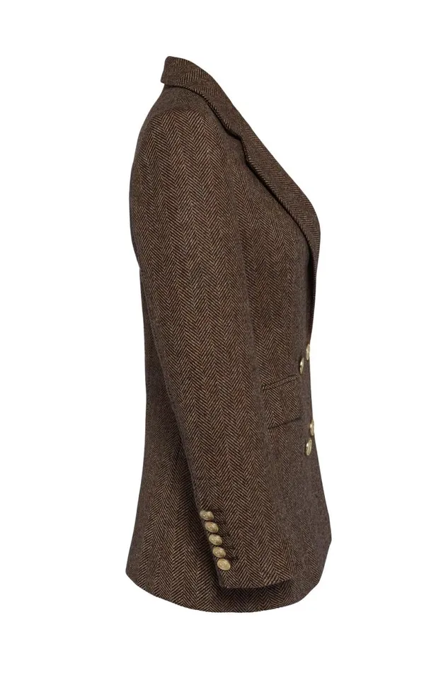 Women Double Breasted Blazer Large Scale Brown Herringbone Holland Cooper Tailoring
