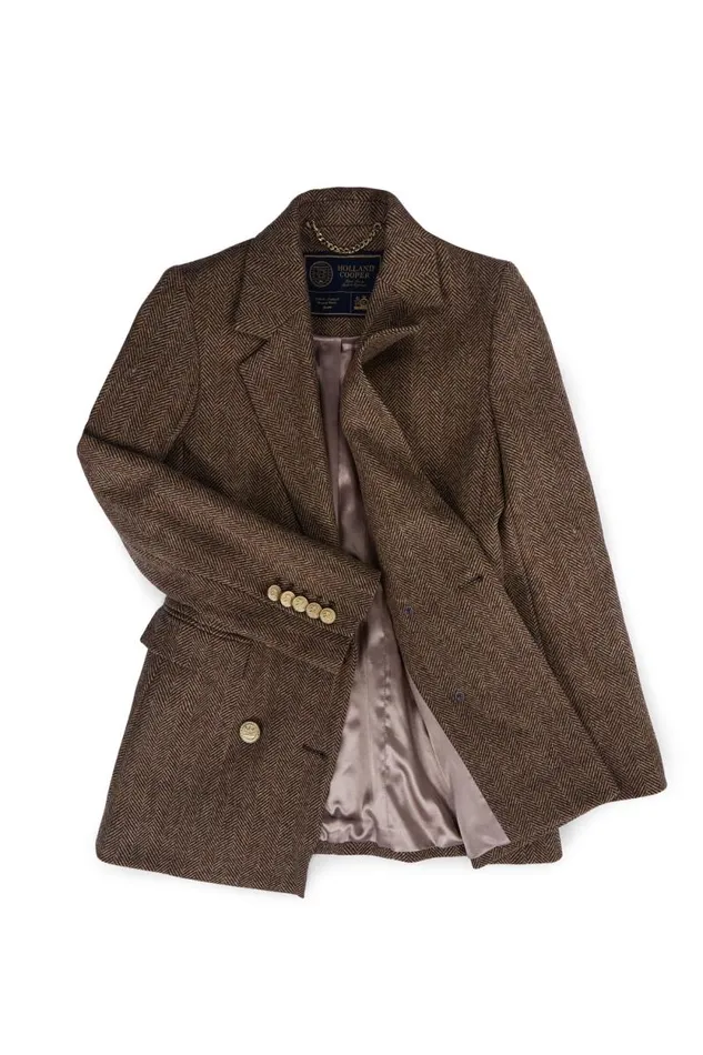 Women Double Breasted Blazer Large Scale Brown Herringbone Holland Cooper Tailoring