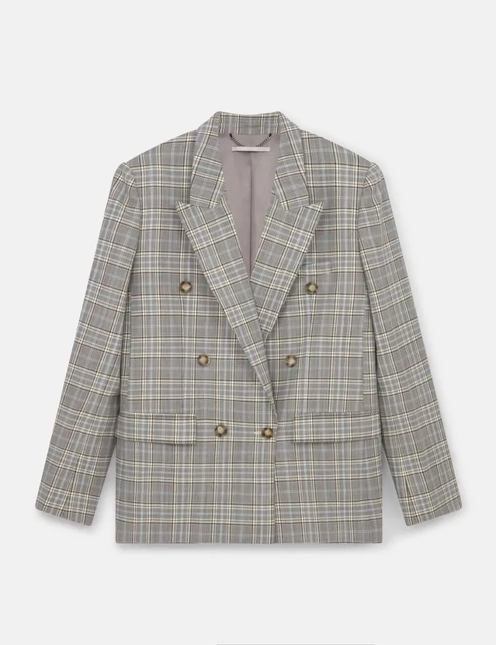 Women Double Breasted Wool Blazer Grey And Blue Check Stella McCartney Coats And Jackets