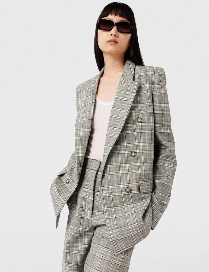 Women Double Breasted Wool Blazer Grey And Blue Check Stella McCartney Coats And Jackets