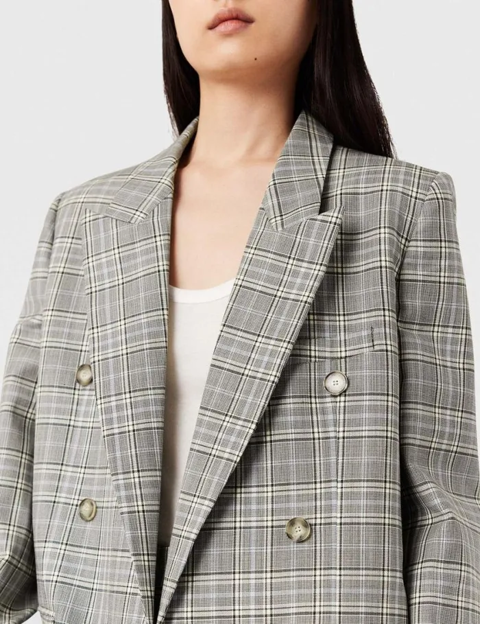 Women Double Breasted Wool Blazer Grey And Blue Check Stella McCartney Coats And Jackets