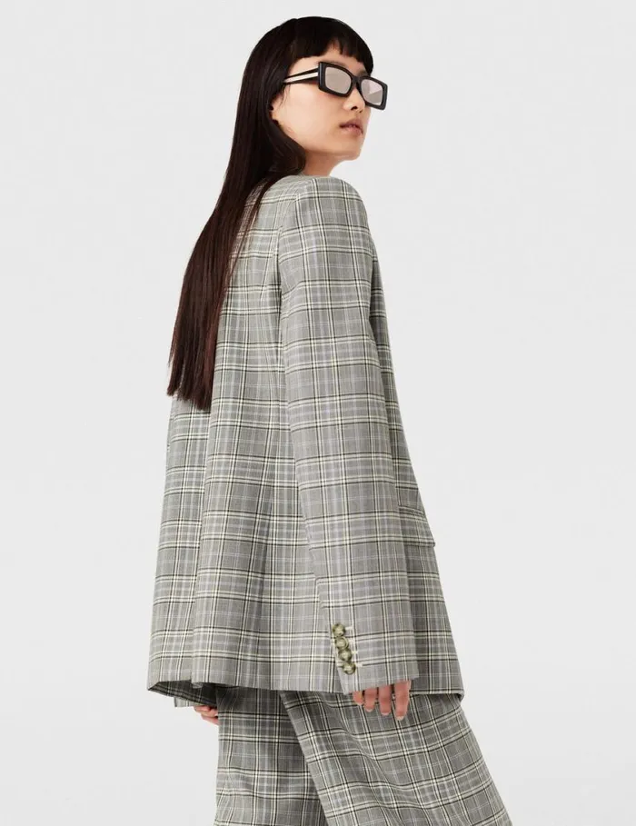 Women Double Breasted Wool Blazer Grey And Blue Check Stella McCartney Coats And Jackets