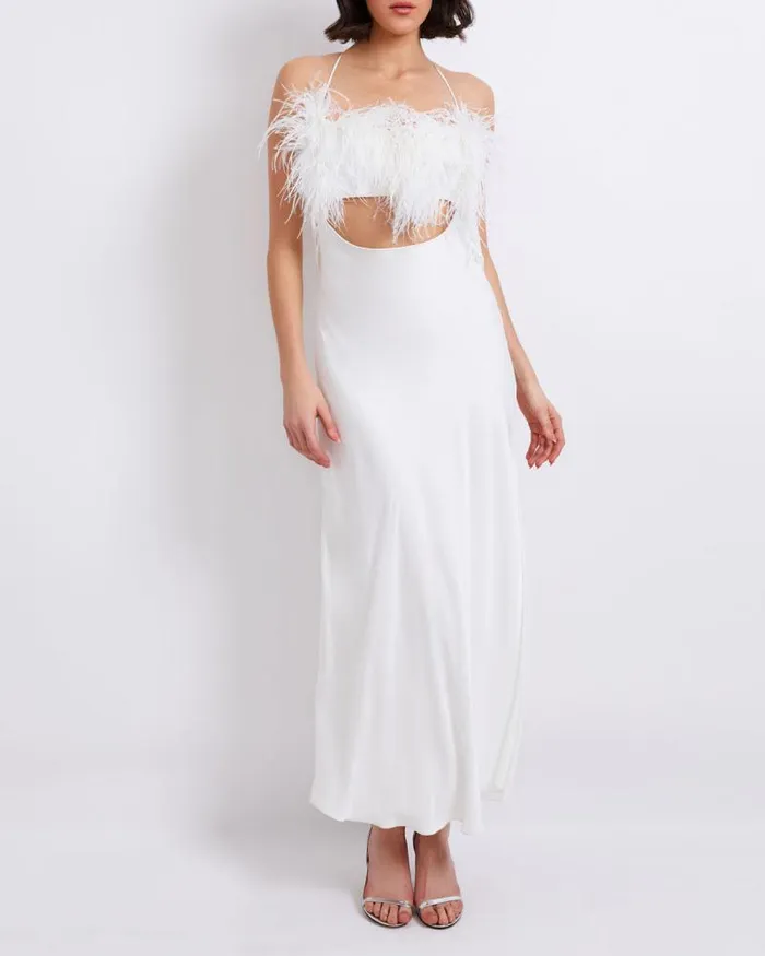 Women Dresses and Jumpsuits PatBO FEATHER TRIM MAXI SLIP DRESS FINAL SALE White