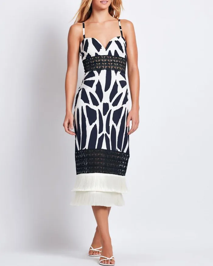Women Dresses and Jumpsuits PatBO Fringe Trim Cotton Midi Dress FINAL SALE Black White