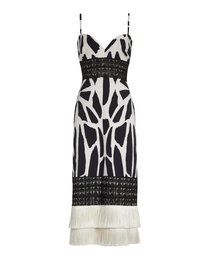 Women Dresses and Jumpsuits PatBO Fringe Trim Cotton Midi Dress FINAL SALE Black White